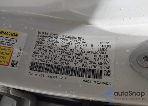 2022 Honda Civic Sport from USA, damaged, VIN 2HGFE2F5XNH593705
